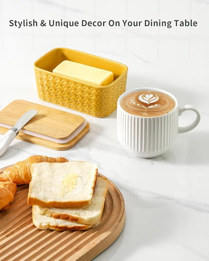 Hasense Ceramic Butter Dish with Sealing Lid, Large Yellow Butter Container for Countertop Airtight Butter Stick Covered Keeper Storage,Embossed Pattern,Easy Clean Dishwasher Safe