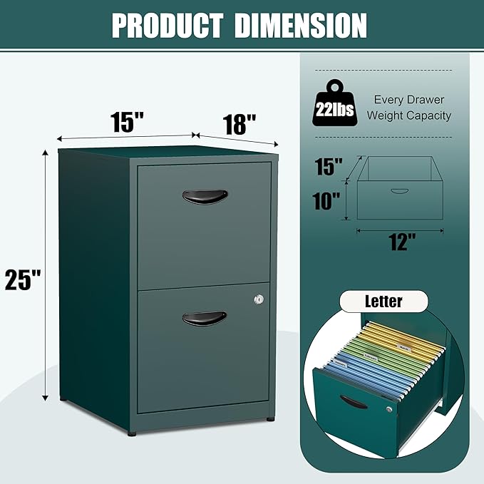 2 Drawer File Cabinet, Metal Two Drawer Vertical File Cabinets with Lock, 18" D Storage Filing Cabinet for Home Office, Steel Light Duty Storage for Letter-Size Files, Green, Assembly Required