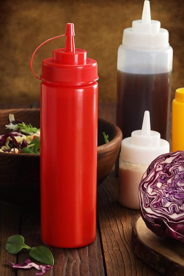 New Star Foodservice 533746 Squeeze Bottles, Plastic, Wide Mouth, 32 oz, Red, Pack of 6