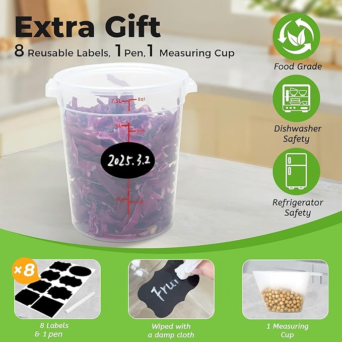 4 Pack Round Food Storage Containers with Lids, 8Qt Translucent Commercial Food Container, Polypropylene, BPA Free, Includes Labels & Measuring Cups