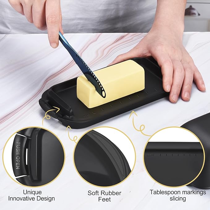 AONCO Butter Dish with Lid, Butter Container Holds for Countertop, Unbreakable Butter Keeper for Home Kitchen Decor, Perfect for East/West Coast Butter, BPA-free, Microwave/Dishwasher Safe (Black)