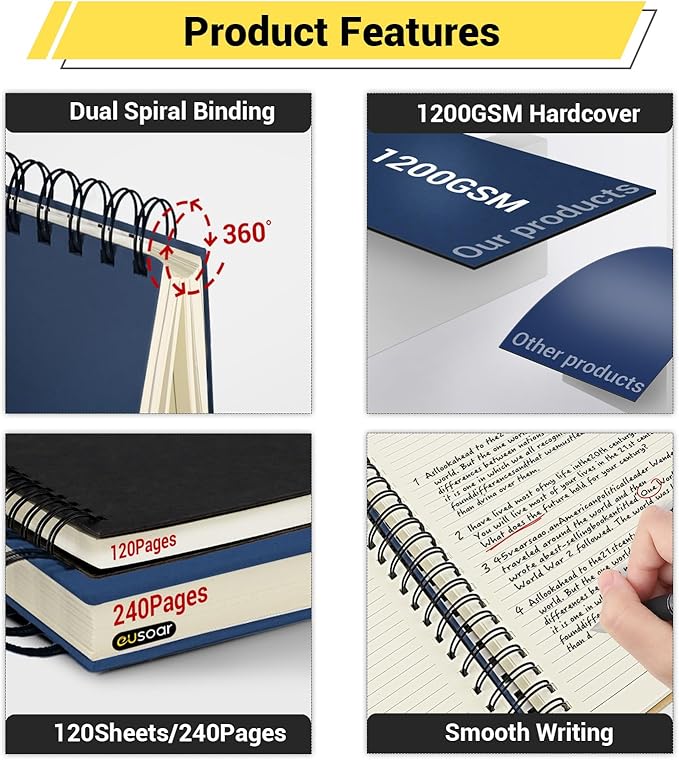 EUSOAR Spiral Notebook, 1 Pack A4 8.3"x11.2" Hardcover College Ruled Lined Journal, 240 Pages(120 Sheets) Writing Pads Professional Notebook for DIY Note Taking School Business Work Office Diary