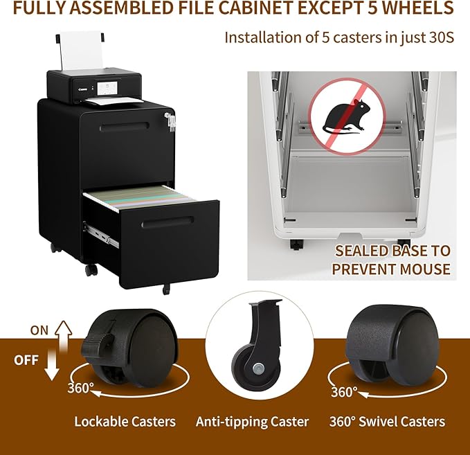 2 Drawer File Cabinet with Lock and 4 Keys, Mobile Metal Filing Cabinet, File Cabinets for Home Office, Under Desk, Pre-Assembly, File Drawer, Letter/Legal/A4 Hanging File Folders