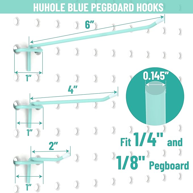 HUHOLE Pegboard Hooks 4 Inch 50PC, Blue Peg Board Hooks, Fit 1/4" or 1/8" Pegboard, Ideal Peg Board Organizer Accessories for Garage Tool Organization, Wall Storage (Blue, 4 Inch)
