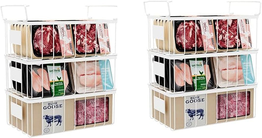 Freezer Organizer Bins With Tag, Stackable Freezer Baskets for Chest Freezer Sort Frozen Foods, Deep Freezer Organizer Bins with Handle Add Space Easy Reach, White Set of 6