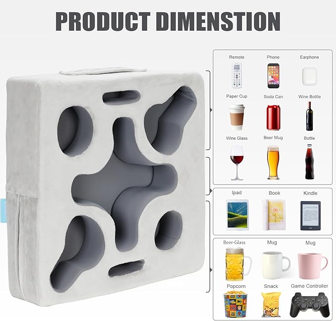 Couch Cup Holder-Sofa Cup Holder Pillow Tray Caddy Cupholder Hearted for Bed, Rv, Tv, Car, Man Cave, Backseat for Remote, Drinks, Snacks (Square-Silver Grey)