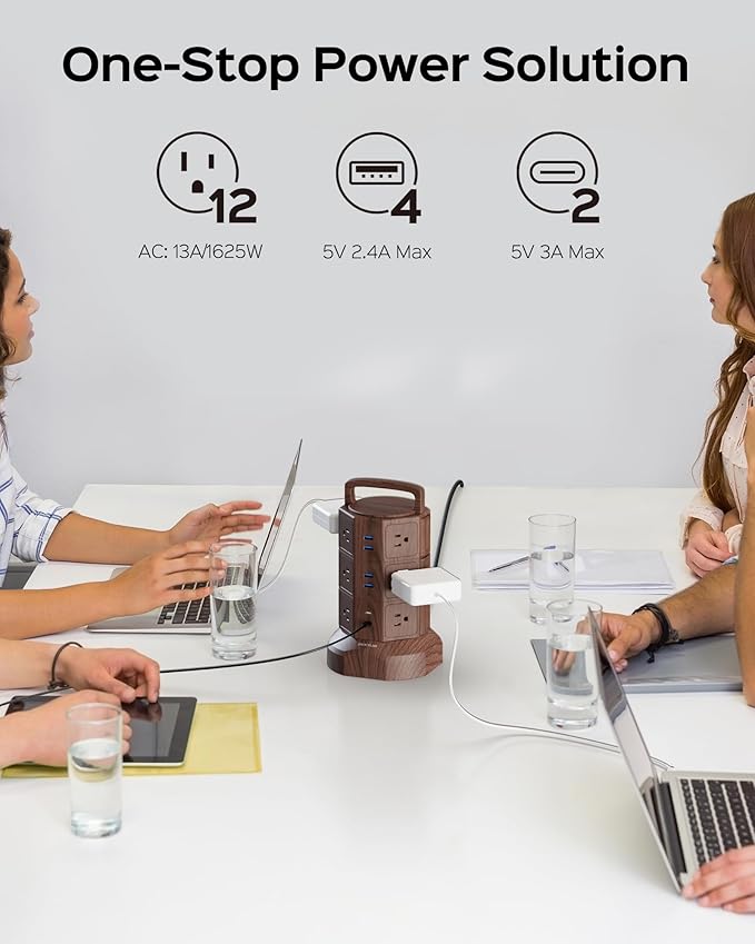 JACKYLED Power Strip Tower Surge Protector with 6.5ft Extension Cord 6 USB Ports and 12 AC Outlets Electric Charging Station for Home Office Dorm Desktop Computer Walnut and Black