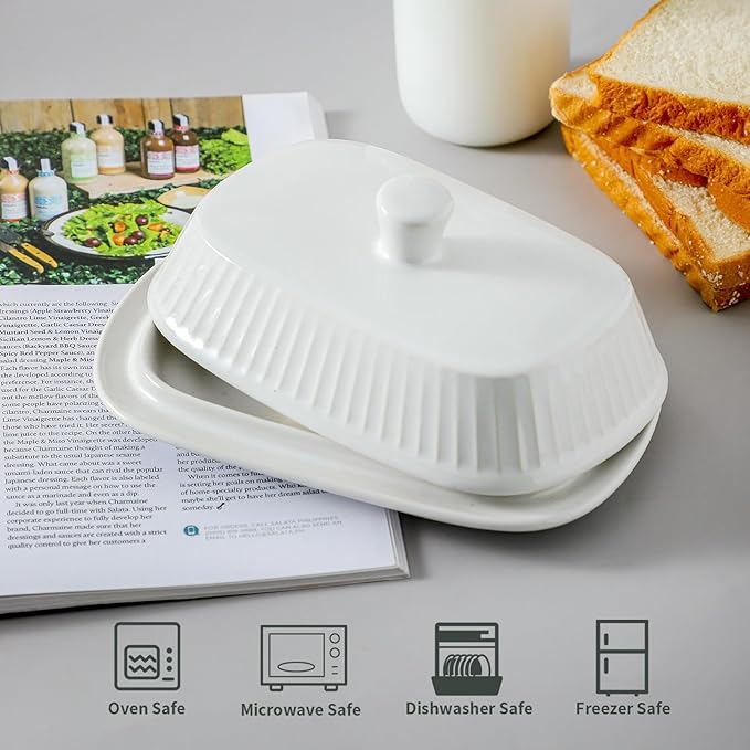 Hasense Porcelain Butter Keeper, Butter Dish with Lid, Large Butter Containe with Cover, Butter Holder for West East Coast Butter, Kitchen Decor, Housewarming Gift, White