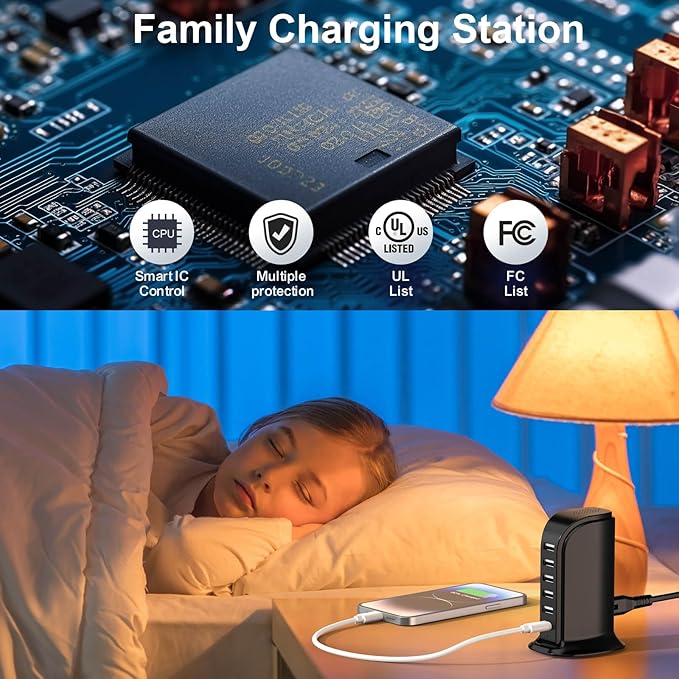 USB Charger Block with Type C, 6-Port Chargers for Multiple Devices, USB Charging Hub with Smart IC, Charger Station for Phone/Tablet/Gaming, Wall Charger Adapter Compact&Portable