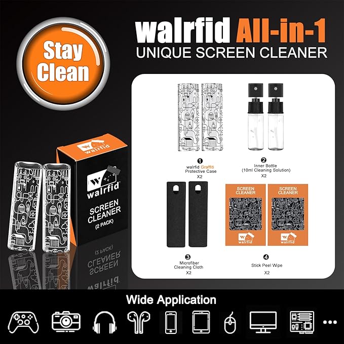 walrfid 2 Pack Car Screen Cleaner, Computer Screen Cleaner Spray and Wipe, Laptop Cleaning Mist Kit for Electronic iPad, iPhone, Phone, MacBook, TV, Monitor, Tablet Display, with Graffiti Case, Black