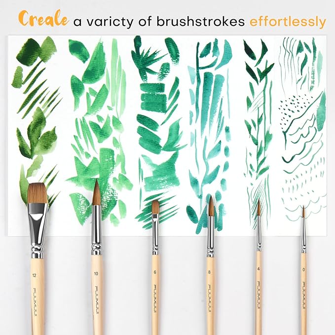 Sable Travel Watercolor Brushes, Fuumuui 6pcs Kolinsky Sable Watercolor Travel Brushes with Short Handles - Detail Liner Pointed Round Flat Wash Mop for Watercolor Gouache Ink Painting