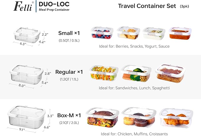 Felli Duo Loc Tritan Meal Prep Containers Microwave Safe BPA FREE, Leak Proof Lunchable Container for Leftovers Kitchen Fridge Freezer, Reusable Plastic On the Go Lunch Travel Box (Beginner 3pk)