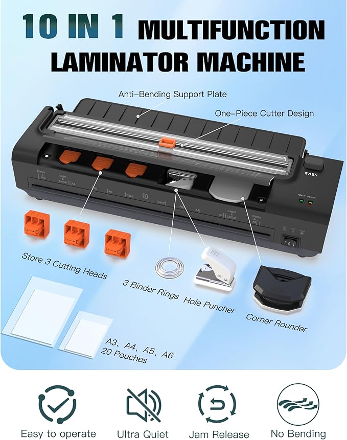 13 Inch Laminator Machine with Auto Paper Feed, Never Jam A3 Thermal & Cold Lamination, 20 Laminating Sheets, 10-in-1 Laminator with Cutter, Trimmer & Corner Rounder for Office School Home Use Black