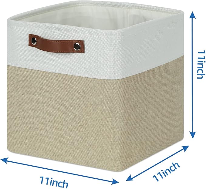Temary 11 x 11 Cube Storage Bins Fabric Storage Baskets 4 Pack Cubes Baskets with Handles for Organizing Clothes, Organizer Bins for Storage (White&Khaki)