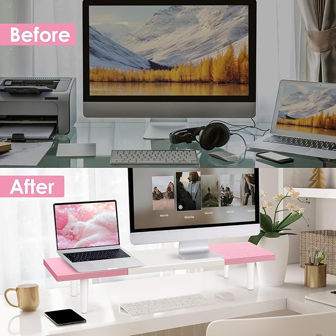 Dual-Monitor-Stand-Riser-For-Desk Adjustable Length 32-40 Inch，Large Desktop Computer Monitor Riser For 2 Screens，Desk Shelf Organizer Riser Stand For Computer/Laptop/PC/Printer/TV