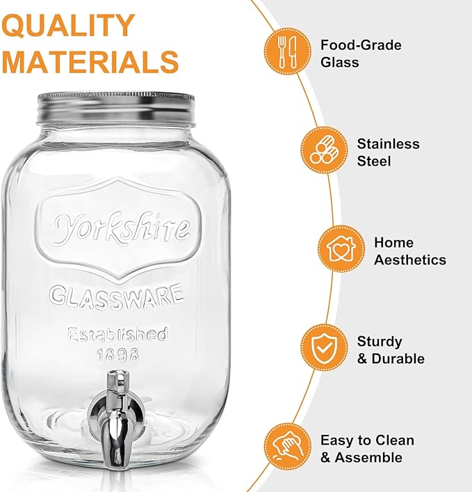 2 Gallon Glass Beverage Dispenser with Lid, Stainless Steel Spigot, Glass Drink Dispensers for Parties, Lemonade Dispenser With Ice Cylinder for Weddings, Party,Sun Tea Jar, Water Juice Dispensers