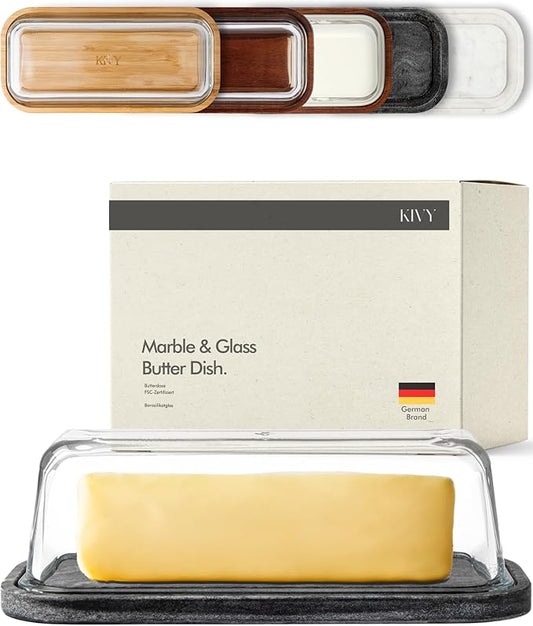KIVY Butter Dish (Black Marble & Glass) - For countertop and refrigerator door shelf - Marble butter keeper - Stone butter dish - Glass butter dish with lid - Dishwasher Safe