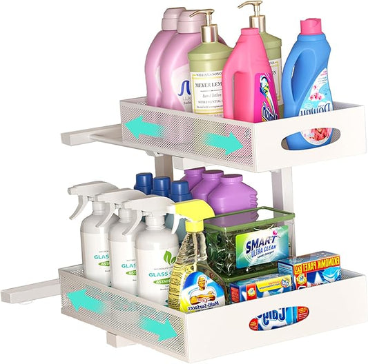 Under Sink Organizer, Extra-Wide Upgrade, 1 Pack 2 Tier Metal Slide Out Cabinet Organizer, Height Adjustable Organization and Storage Series, Bathroom/Cabinet/Kitchen organization, White