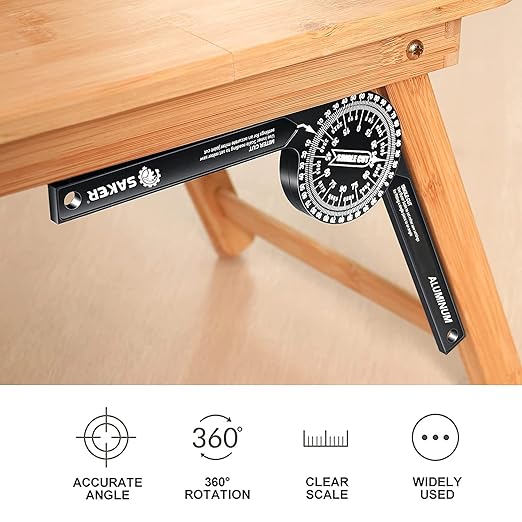 Saker Miter Saw Protractor|7-Inch Aluminum Protractor Angle Finder Featuring Precision Laser-Inside & Outside Miter Angle Finder for Carpenters, Plumbers and All Building Trades (Black)