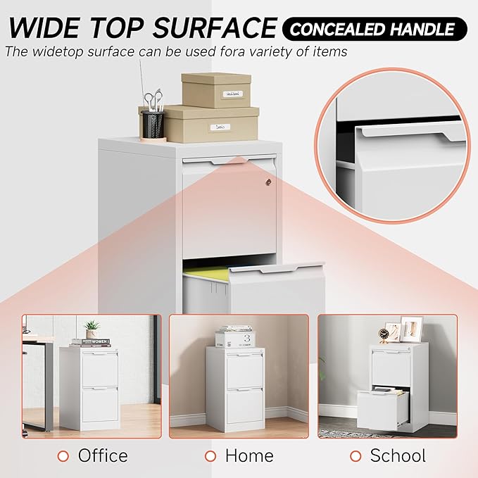 Metal Filing Cabinet with Lock,Vertical File Cabinet 2 Drawer,White File Cabinet with Lock for Home Office/Legal/Letter/A4,Lockable File Cabinets for Hanging File -Assembly Required