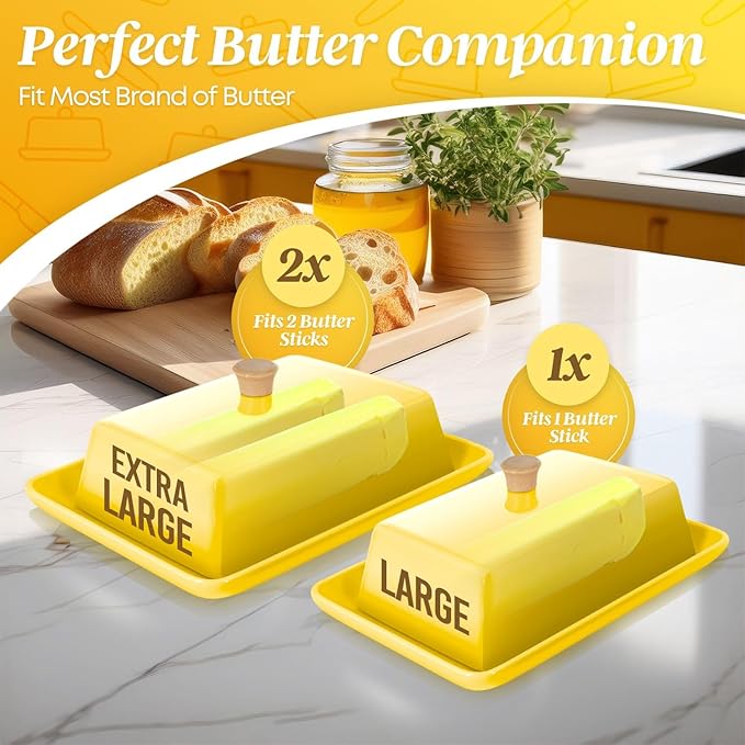 Flexzion Ceramic Yellow European Butter Dish with Lid for Countertop (8 Inch) - Wide 2 Stick Double Butter Holder for Counter, Cream Cheese Container Storage Keeper