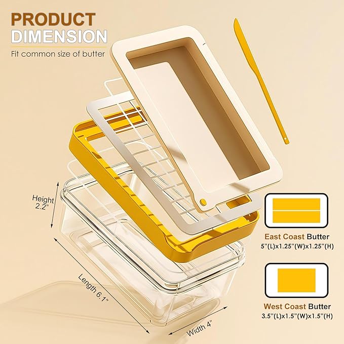 Butter Cutter Slicer with Lid and Knife for Countertop and Refrigerator, Airtight Butter Keeper Container, Butter Holder for East/West Coast Butter