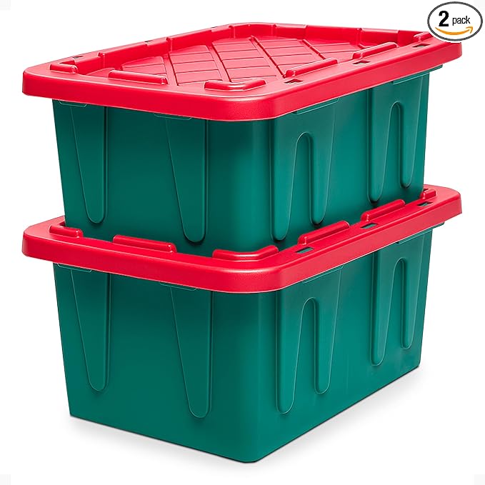 HOMZ 2-Pack Durabilt, Heavy Duty Plastic Storage Bins with Lids, 15 Gallon, Green/Red - Stackable Container Boxes for Holiday, Attic, and Garage Organization