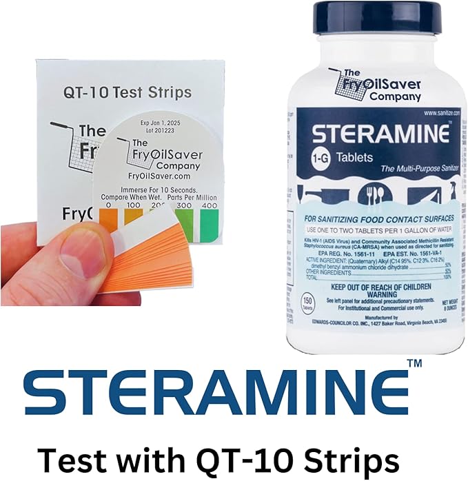 4x Steramine Sanitizer Tablet Bottle by FryOilSaver Co., 4-Pack(600 Tablets) Multi Purpose Sanitizing Tablets for Food Contact Surface, Kitchen, Restaurant Cleaning w/ 15x Test Kit of QT-10 Test Strip