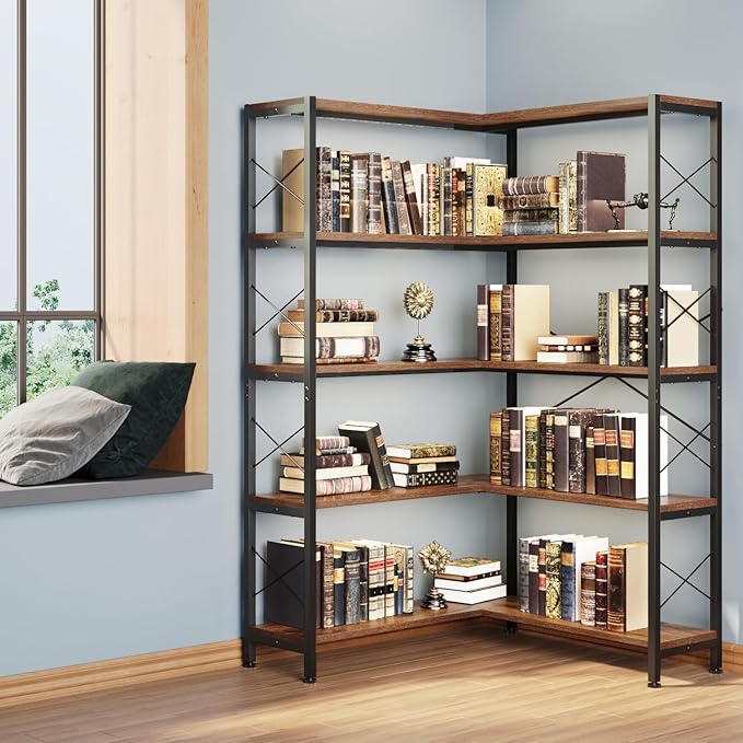 5-Shelf Corner Bookshelf, Vintage Industrial L-Shaped Bookshelf Etagere Bookcase, Large Book Shelf with Metal Frame Open Storage Corner Cabinet (Retro Brown-5 Shelf)