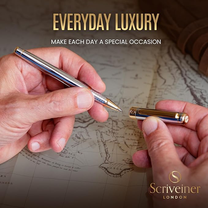 Scriveiner Personalized Silver Chrome Rollerball Pen - Stunning Luxury Pen, Real Gold Plating, Schmidt Ink Refill, Best Engraved Roller Ball Gift Set for Men & Women, Custom Name Engraving