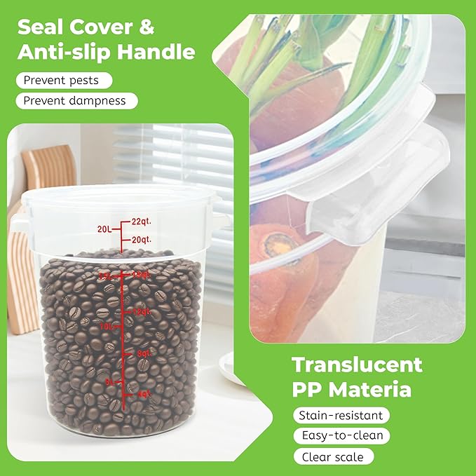 4 Pack Round Food Storage Containers with Lids, 22Qt Large Translucent Food Container, Polypropylene, BPA Free, Includes Labels & Measuring Cups