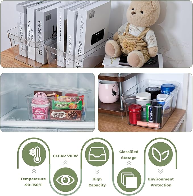 MOONEDGE Clear Plastic Storage Bins with Lids – Stackable Organizer Containers for refrigerator, Kitchen, Pantry, Bathroom, Closet, Laundry Room, Office – 4 Pack (10×6×5 in)