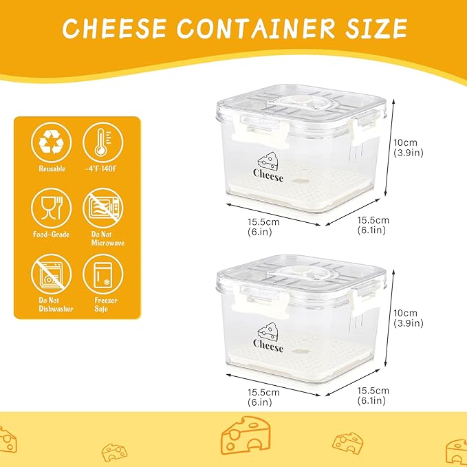 2 Pcs Cheese Container for Refrigerator,Cheese Keeper with Airtight Lid and Time Recording,Cream Block Shredded Cheeses Storage Box,Sliced,Grated,Cheddar Cheeses Box For Fridge,kitchen