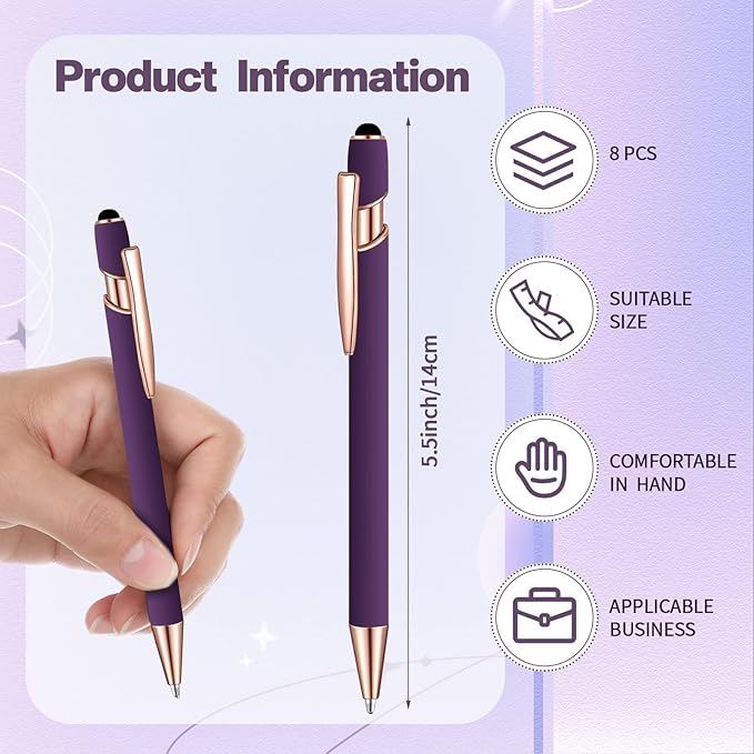8 Pieces Ballpoint Pen with Stylus Tip Black Ink 2 in 1 Stylus Metal 1.0 mm Medium Point Smooth Pen Rainbow Colorful Rubberized Ballpoint for Touch Screen Tablet(Purple)