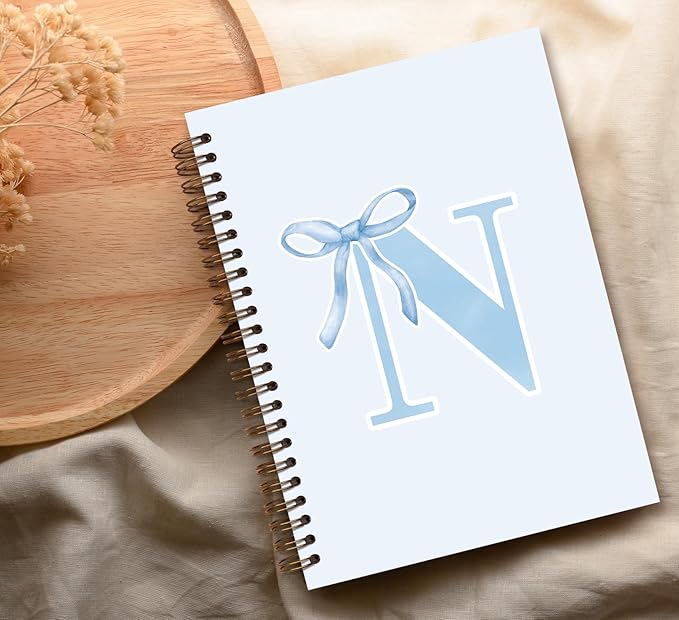 Initial N Notebook Journal,Personalized Teen Girl Gifts,Coquette Trendy Preppy Blue Bow Spiral Notebook,Monogrammed Gifts for Women Teen Girl,College Ruled Hardcover Spiral Notebook 5.5 x 8.3
