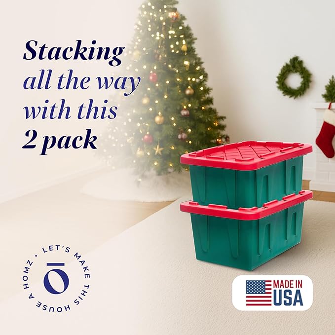 HOMZ 2-Pack Durabilt, Heavy Duty Plastic Storage Bins with Lids, 15 Gallon, Green/Red - Stackable Container Boxes for Holiday, Attic, and Garage Organization