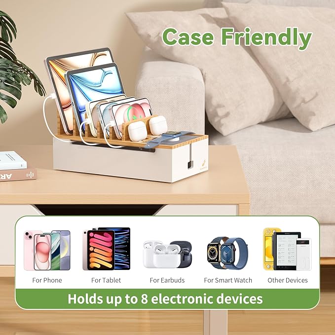 Pezin&Hulin Multi Devices Charging Station, With USB Adapter and 6 Cables, Cord Organizer for Desk, Cell Phone Charger Dock to Management Cables and Power Strip, Desktop Cord Hider Box -Natural +White