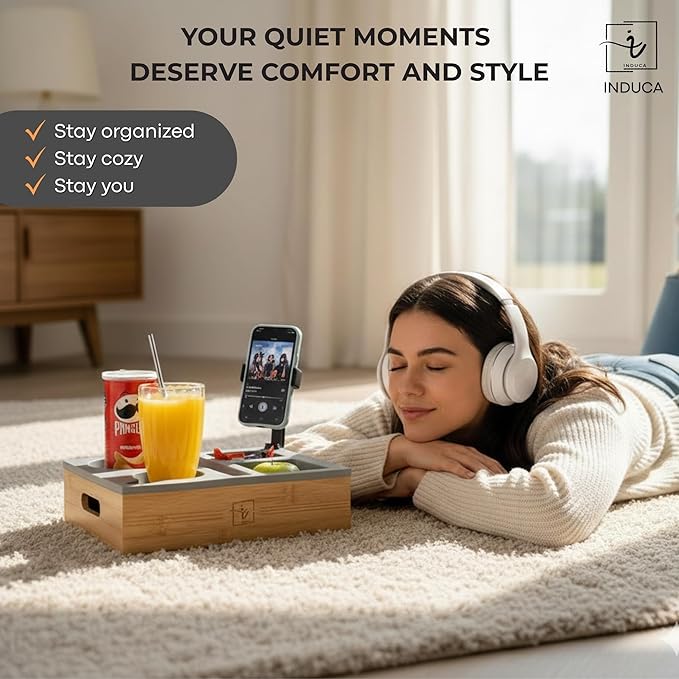 Couch Caddy with Cup Holder | Bamboo Couch Cup Holder Tray for Drinks, Snacks & Remotes | Couch Tray for Bed, Car Seat & Beach Organizer (Grey)