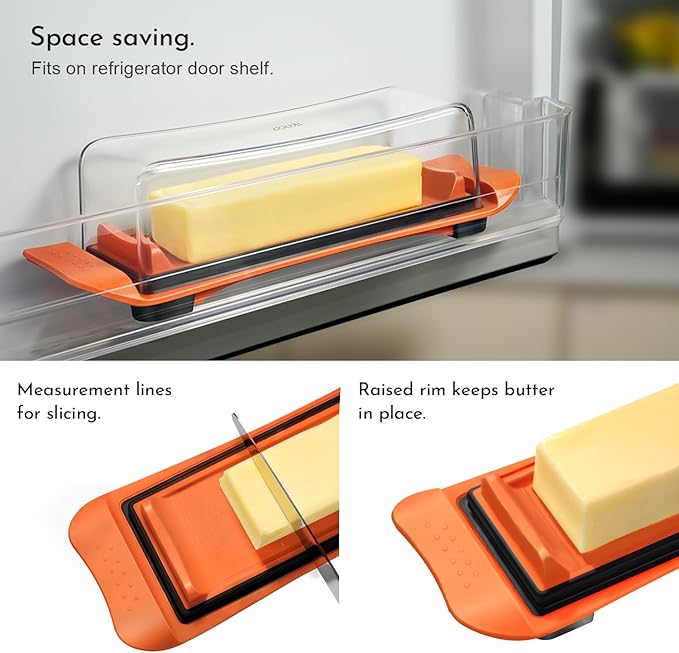 Butter Dish, IKOCO Airtight Butter Dish with Lid for Countertop and Refrigerator, Dishwasher Safe Butter Holder Container for Eastern and Western butter, Orange