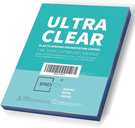 Binditek 100 Pack 7 Mil Binding Presentation Covers, Ultra Clear, 8.5 x 11 Inches, Letter Size, Square Corners, Un-Punched
