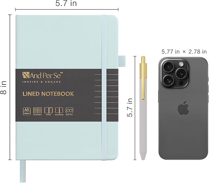 A5 Lined Leather Journal and Pen Set, Hardcover Notebook with Pen, 160 Pages 100gsm Thick Ruled Paper for Men Women, for Work, Business, School or Home Writing, 5.7'' x 8'' (Cyan-Set1)