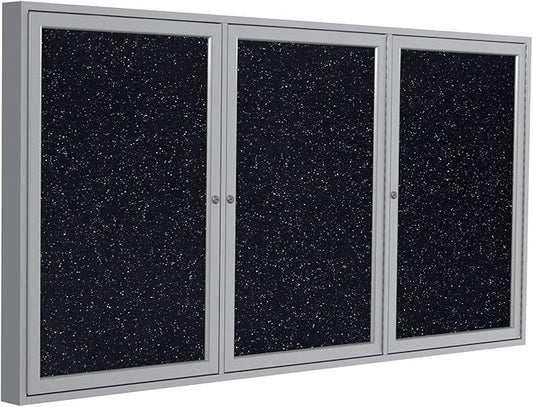 Ghent 48" x 96" 3-Door indoor Enclosed Recycled Rubber Bulletin Board, Shatter Resistant, with Lock, Satin Aluminum Frame,Confetti (PA34896TR-CF)-Made in USA