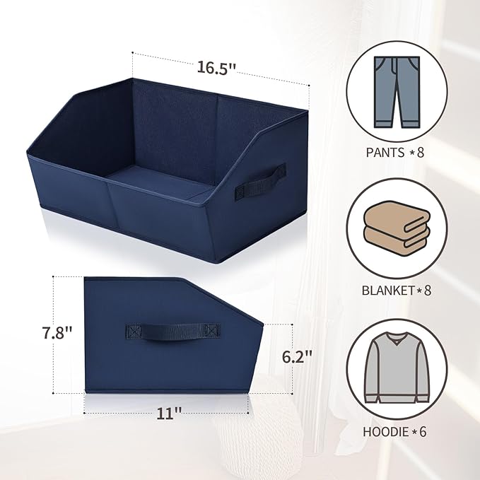 Closet Baskets for Shelves Trapezoid - Decorative Storage Baskets with Handle, Closet Bins for Organization, Shelf Storage Bins for Clothes, Books, Home, Office, 8 Pack, Navy Blue