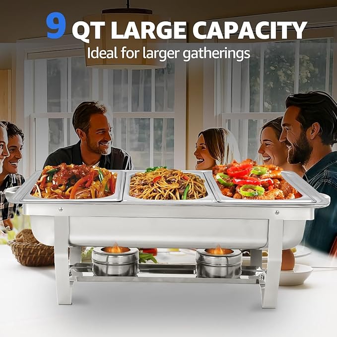 4 pack Chafing Dishes for Buffet of Stainless Steel Food Warmers for Parties 9 QT Chafers and Buffet Warmers Sets with 1/3 size pan Commercial Catering Chafers for Event Party