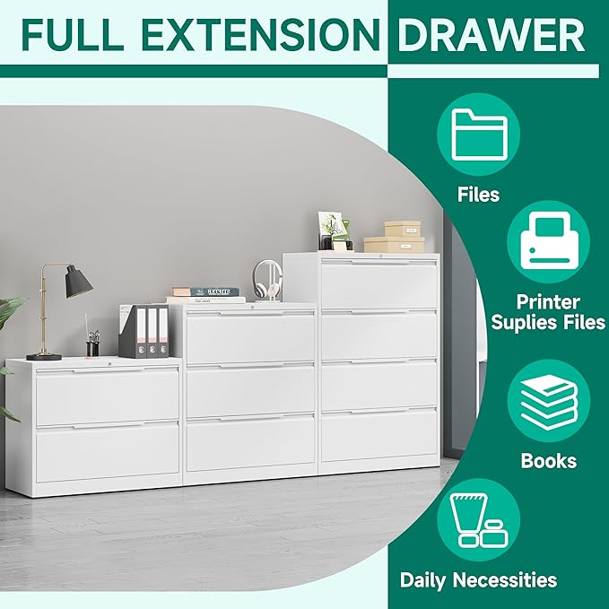 Filing Cabinet with Lock,Lateral File Cabinets 3 Drawer Metal Wide Filing Organization,Home Office School Furniture for Hanging Files Letter/Legal/F4/A4 Size - White