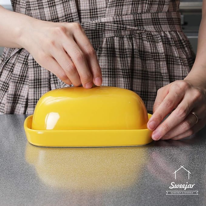Sweejar Ceramic Butter Dish with Lid for Countertop,Porcelain Butter Keeper with Knob Handle,Butter Container for East/West Coast Butter, 7 inches (Yellow)