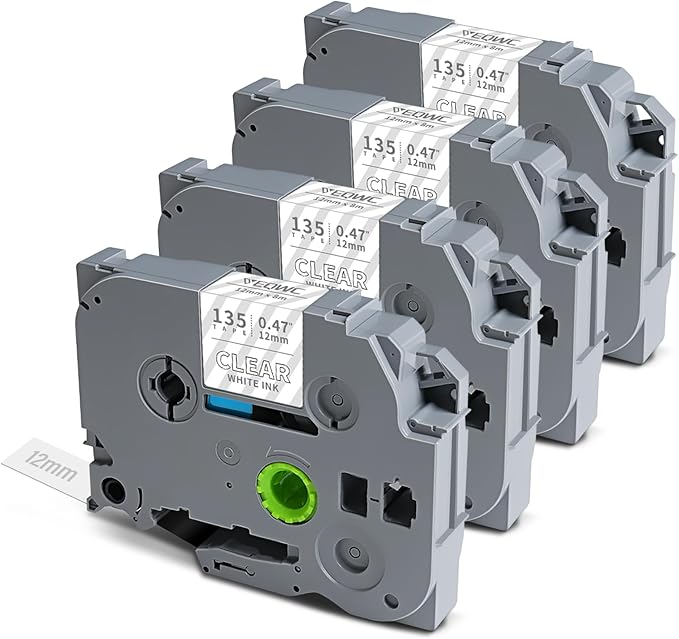 Tze135 Tze 12mm 0.47 Laminated White on Clear Label Maker Tape Compatible for Brother Tze-135 Tz-135 Tz 1/2 Refill Work for Ptouch PT-D210 PT-D220 PT-H110 PT-D400 PT-D600, White on Clear, 4 Pack