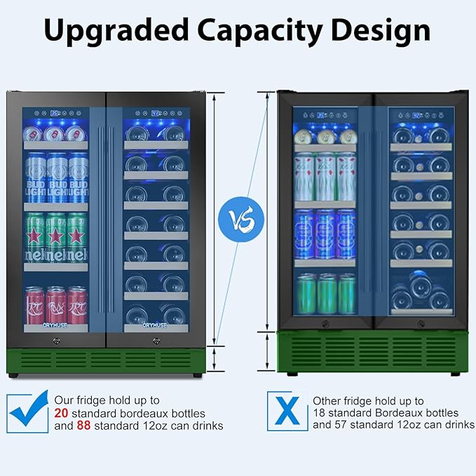 24" Dual Zone Wine & Beverage Refrigerator – Under Counter Cooler with Upgraded Cooling & Blue LED Light, Hold 20 Bottles and 88 Cans Large Capacity Wine Fridge, Built-In or Freestanding – Black