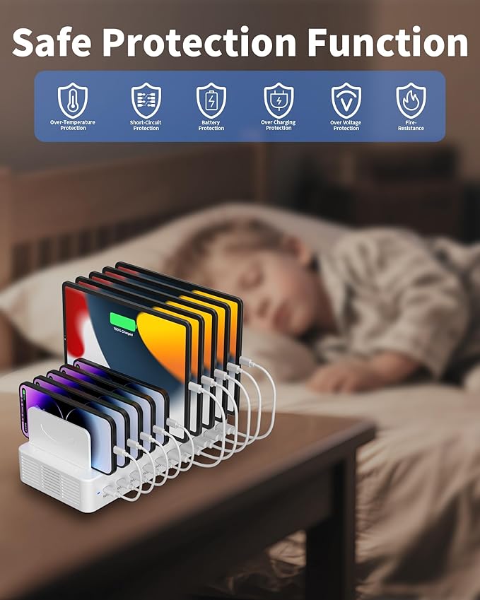 100W Charging Station for Multiple Devices, 10-Port USB Fast Charging Station with Adjustable Dividers & 10 Cables- Multi Device Organizer Charging Dock for iPhone, iPad, Tablets & More