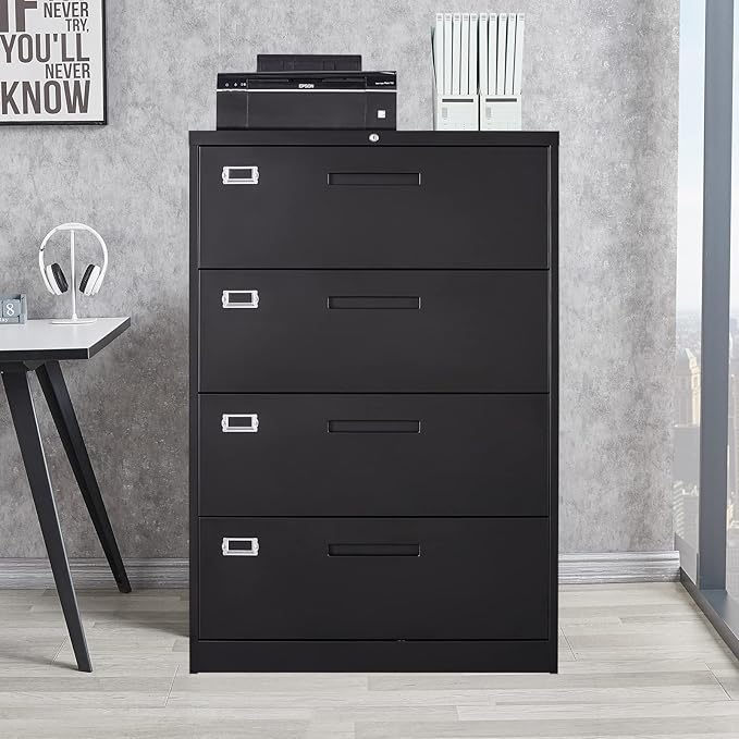 4 Drawer File Cabinet, Lateral Filing Cabinets for Home Office, Office Storage Drawers with Lock, Hanging Files Legal/Letter A4 Size (Assemble Required,Black)